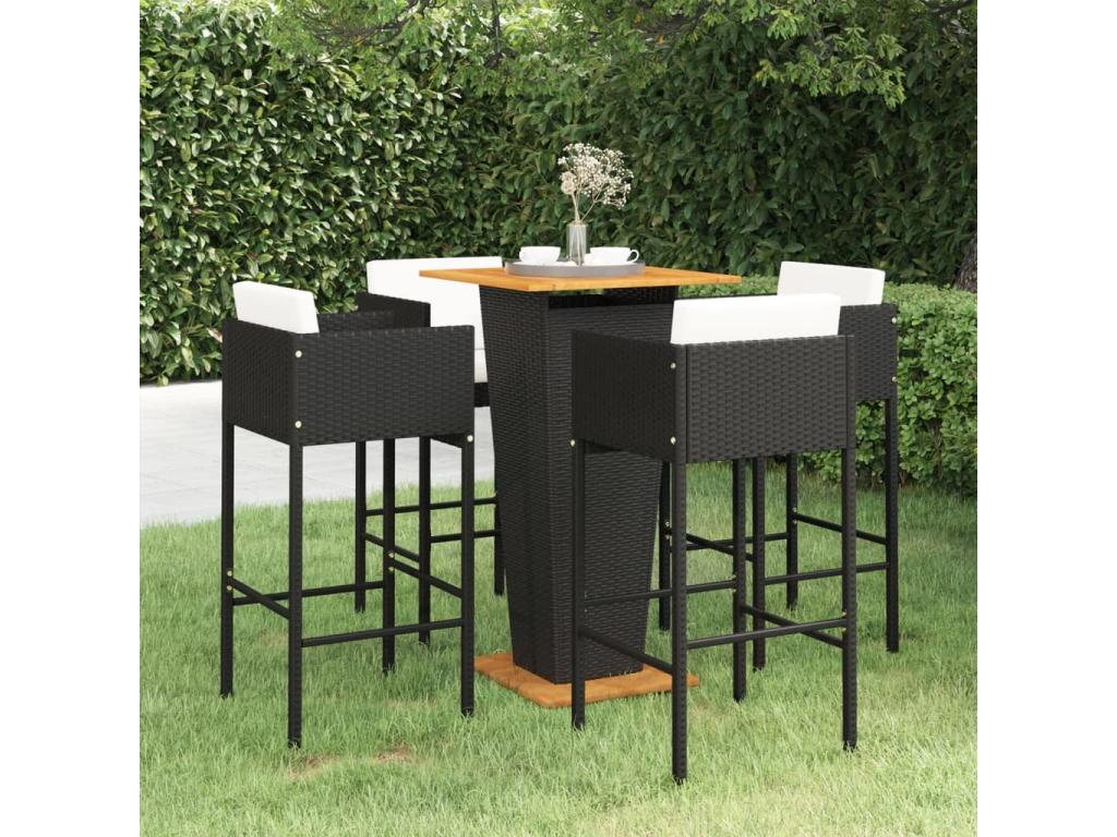 5-piece garden bar set and cushions, black woven resin, 17