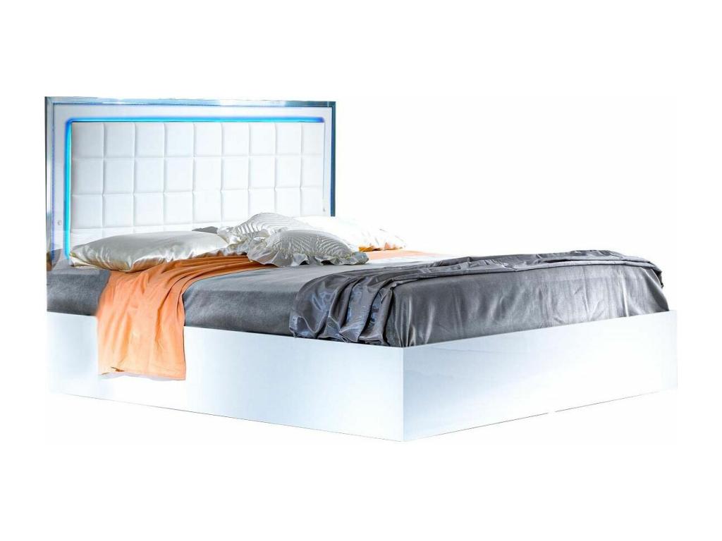 Designer bed with storage in white lacquer and white faux leather with LED lighting, Meubiana-160x200