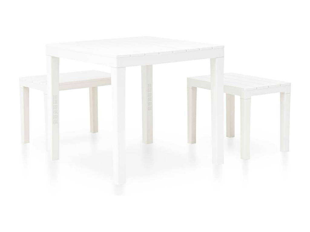 Garden table with 2 benches, white plastic