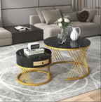 Set of 2 nesting coffee tables with drawer - MDF wood and metal - marble pattern top - black OEPR62730
