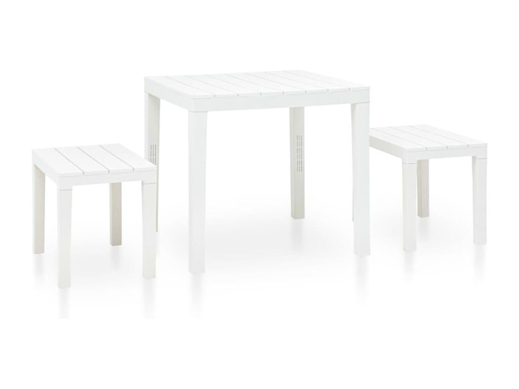 Garden table with 2 benches, white plastic
