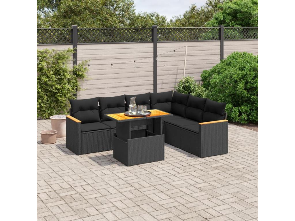 7-piece garden furniture set with cushions, black woven resin