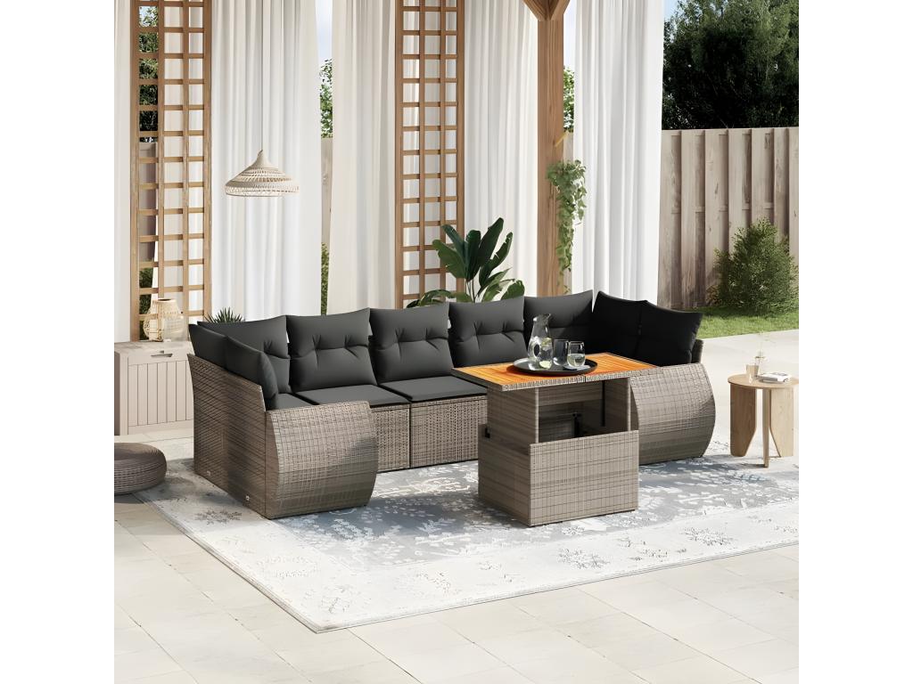 8-piece garden furniture set with grey resin wicker cushions MDRT37282