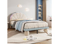 Upholstered bed 90x200 cm with scalloped headboard and padded round legs - LEDs - velvet - beige blue color QUKS24839