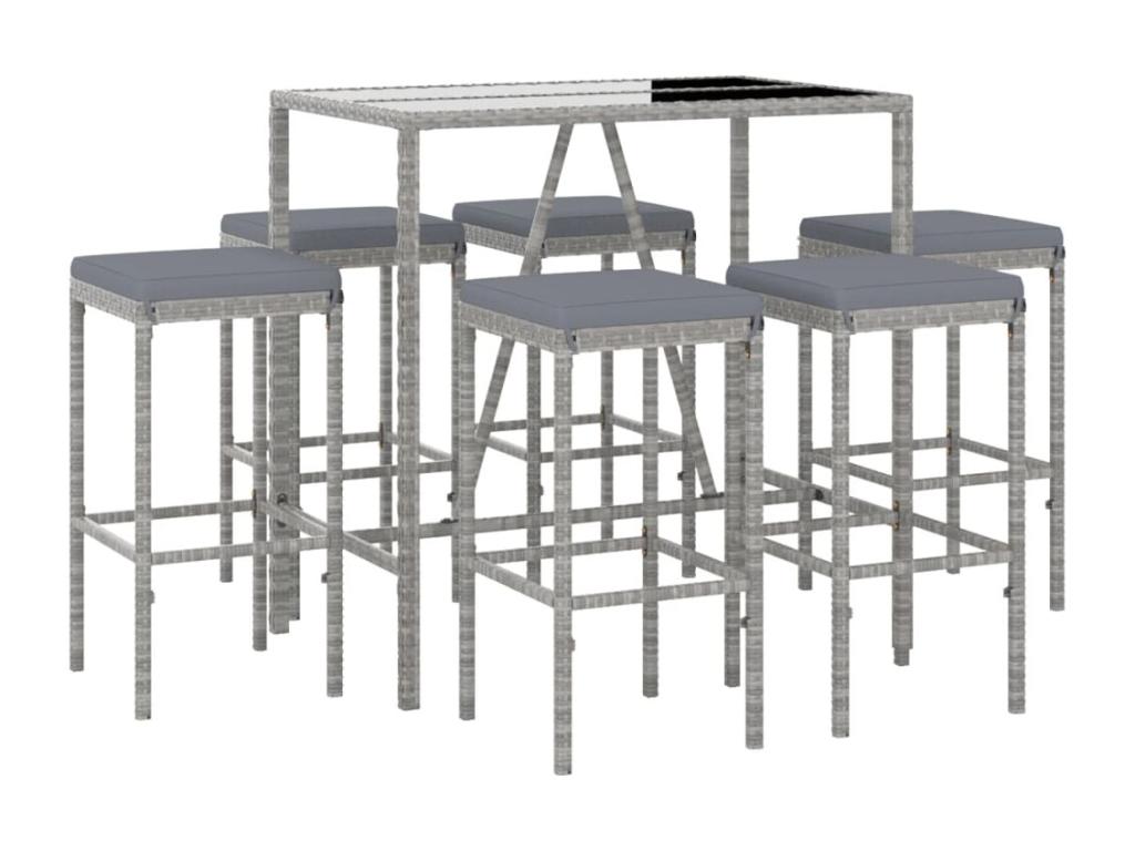 7-piece garden bar set with grey poly rattan cushions HJHE40492