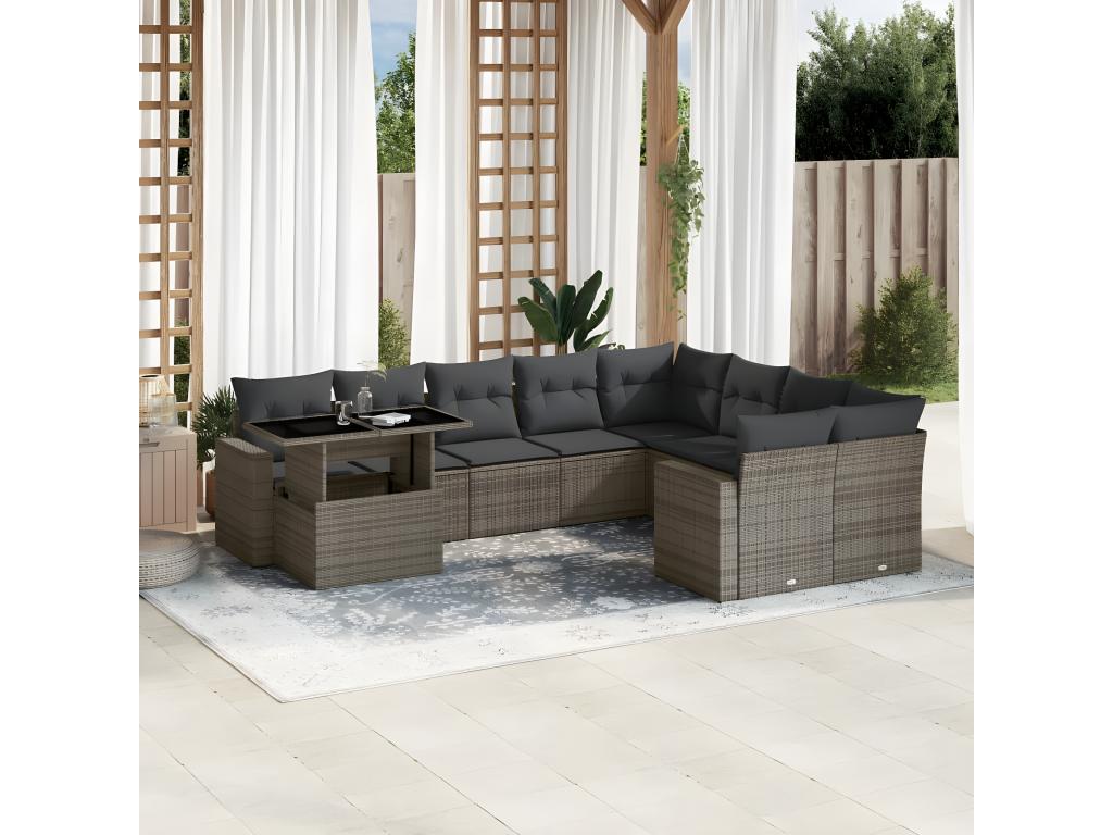 10-piece garden furniture set with cushions, grey woven resin