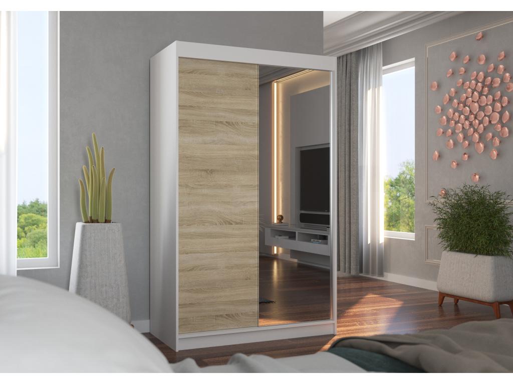 Small white bedroom wardrobe with 2 sliding doors, 1 natural wood finish, 1 mirror, Laviecasa 120cm HMGX11304