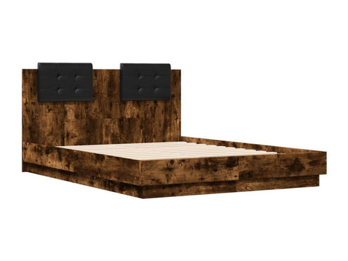 Bed frame, headboard and LED lighting, smoked oak, 135x190 cm