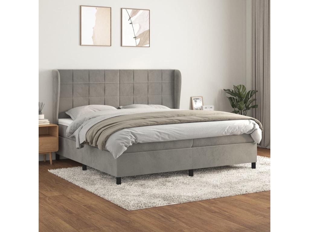 Upholstered bed base and mattress, light grey, 200x200cm, velvet, CIYU29421