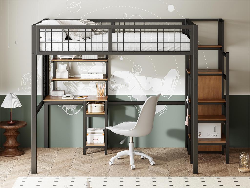 Children's loft bed 140x200 cm with iron frame - with storage ladder, wardrobe and desk - Black ZQMZ44905