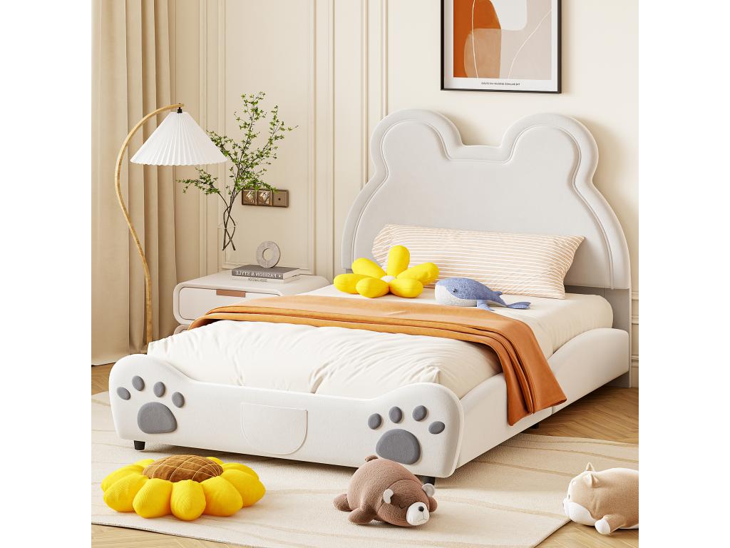 Children's double bed, upholstered white, 140x200 cm, genuine velvet leather, QIPS83578