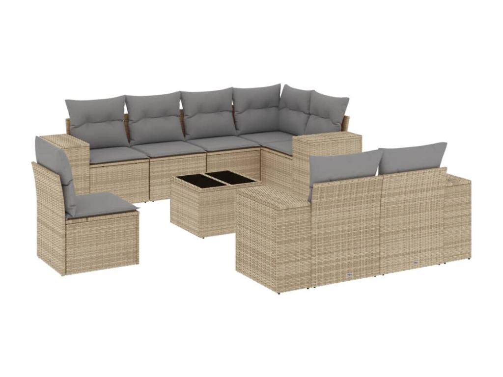 9-piece garden furniture set with cushions, beige woven resin, ETUE00502