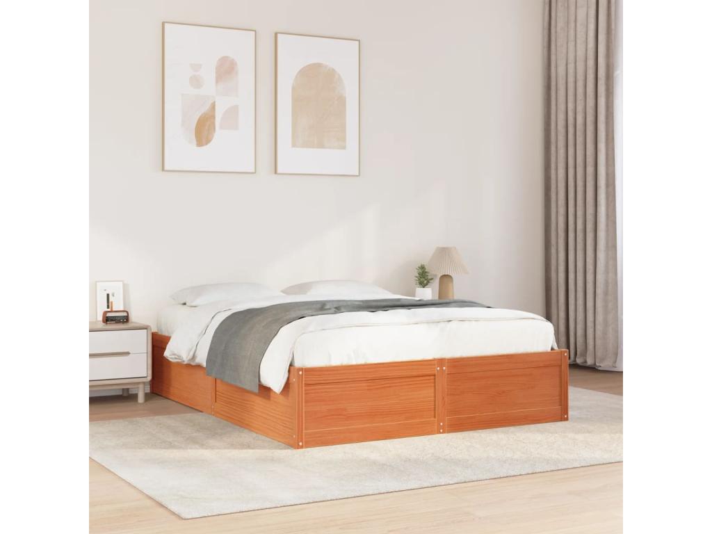 Bed frame without mattress, brown wax finish, 140x190cm, solid pine wood, FGFA98332