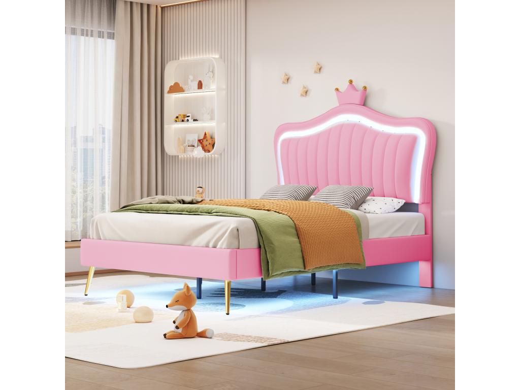 Children's bed in faux leather with LED lighting - crown-shaped headboard - 90x200cm - pink