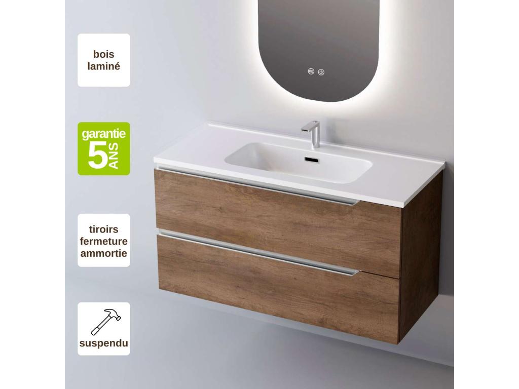 Bathroom vanity unit with ceramic basin, 2 drawers, W100 x H54 x D45 cm, Dark Oak, Meubiana