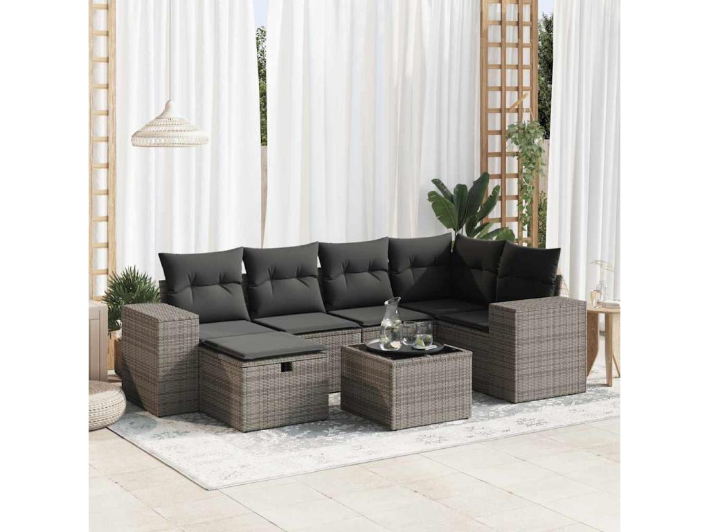 7-piece garden furniture set with cushions, grey woven resin JFBC16679