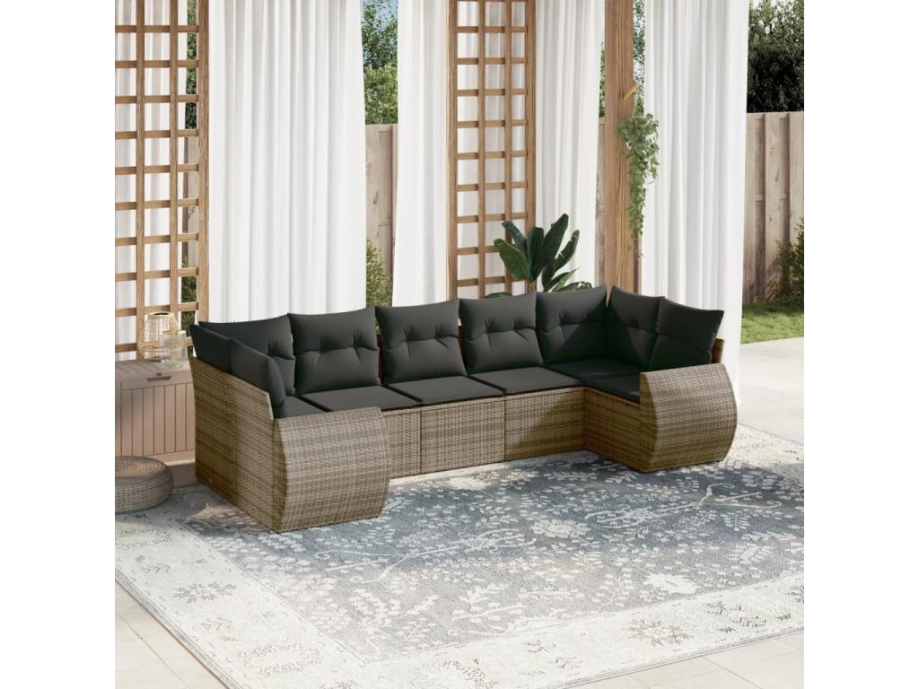 7-piece garden furniture set with cushions, grey woven resin HBZW18153