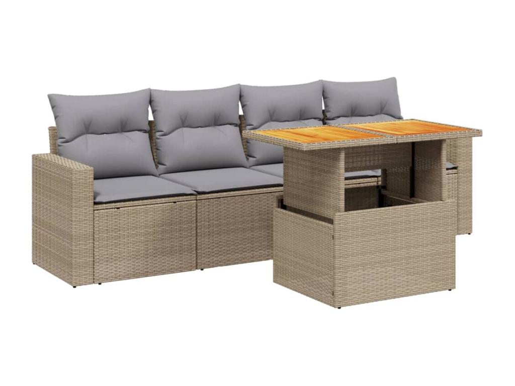 5-piece garden furniture set with cushions, beige woven resin