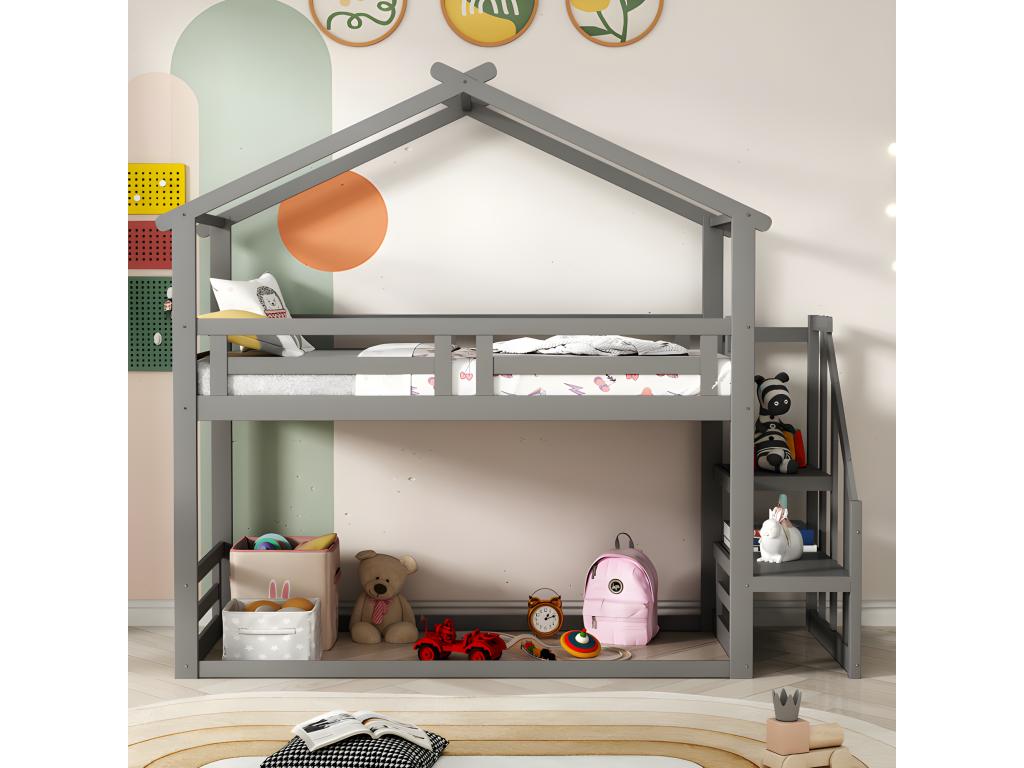 Solid pine bunk bed with stairs and slatted base by Laviecasa - 90x200cm - Grey OQNJ33583