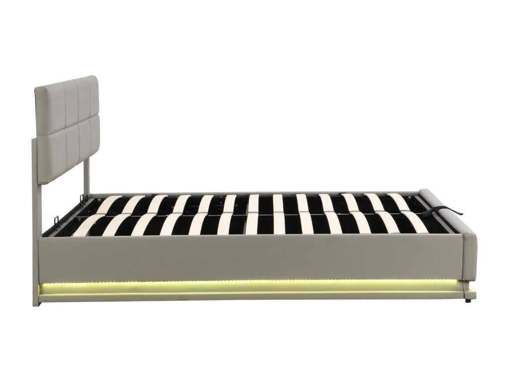 180x200 cm Storage Bed - Double Bed with LED Lighting, Upholstered, Hydraulic Lift-Up Bed with Slatted Base and PU Leather Headboard - Light Grey