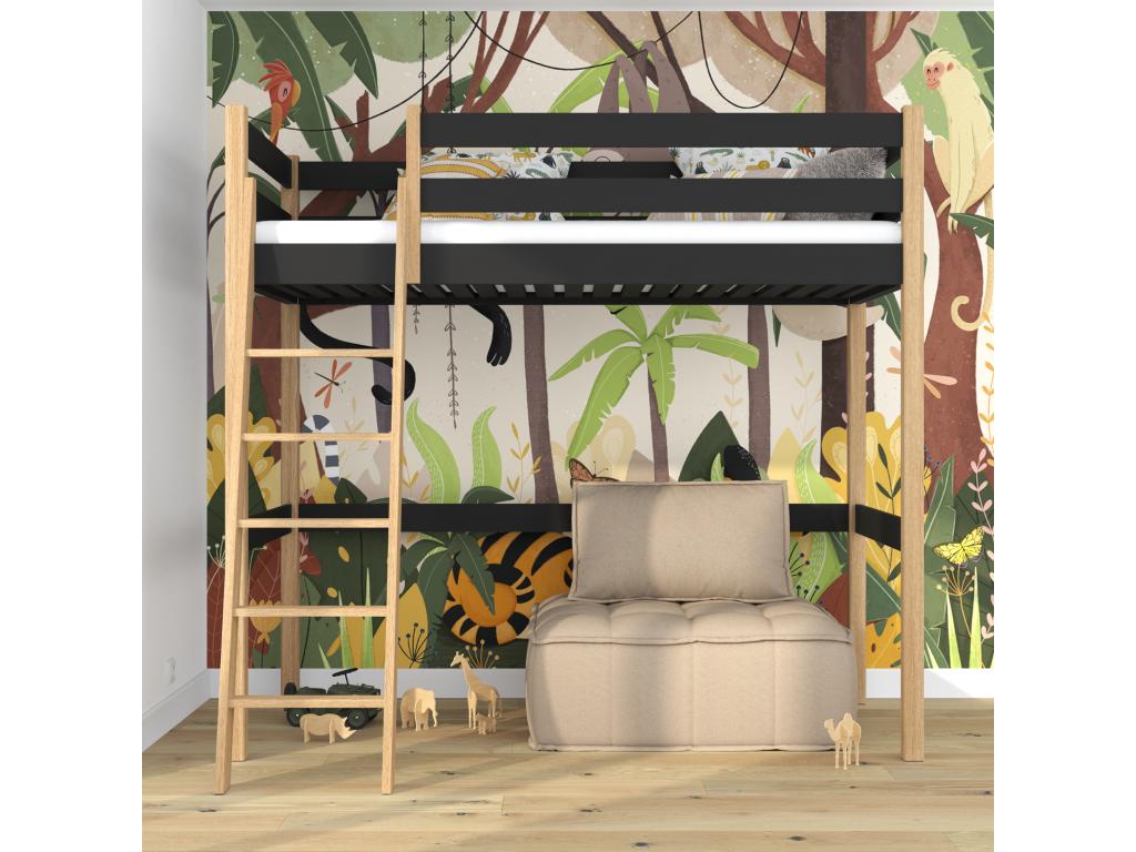 Wooden loft bed N03 Black / Natural Oak 100x190