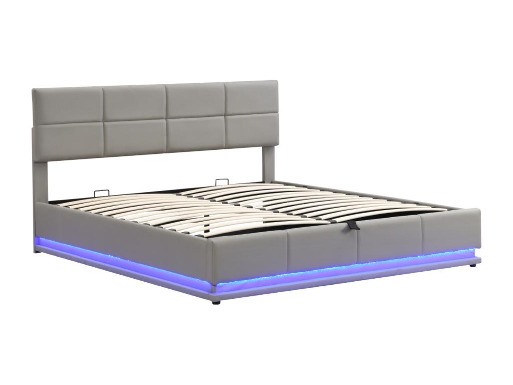 180x200 cm Storage Bed - Double Bed with LED Lighting, Upholstered, Hydraulic Lift-Up Bed with Slatted Base and PU Leather Headboard - Light Grey