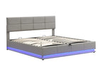 180x200 cm Storage Bed - Double Bed with LED Lighting, Upholstered, Hydraulic Lift-Up Bed with Slatted Base and PU Leather Headboard - Light Grey