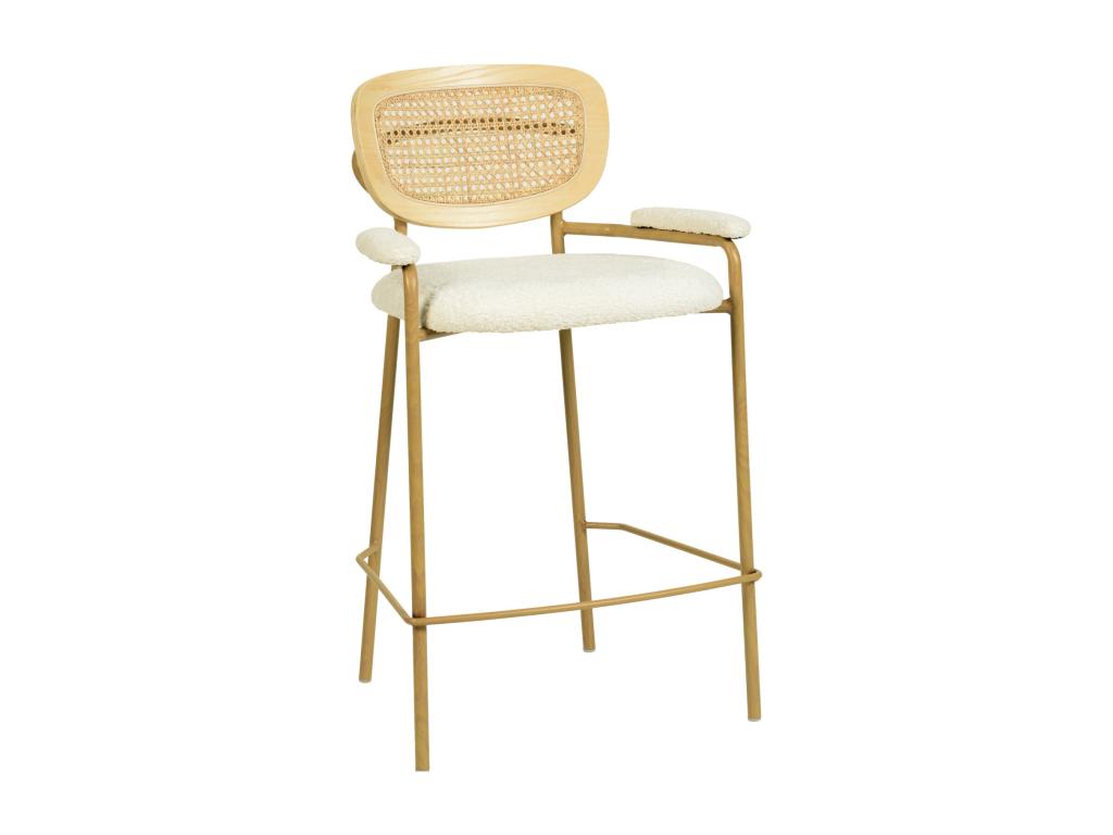 RETRO Bar stool in ecru bouclé fabric, rattan and oak metal