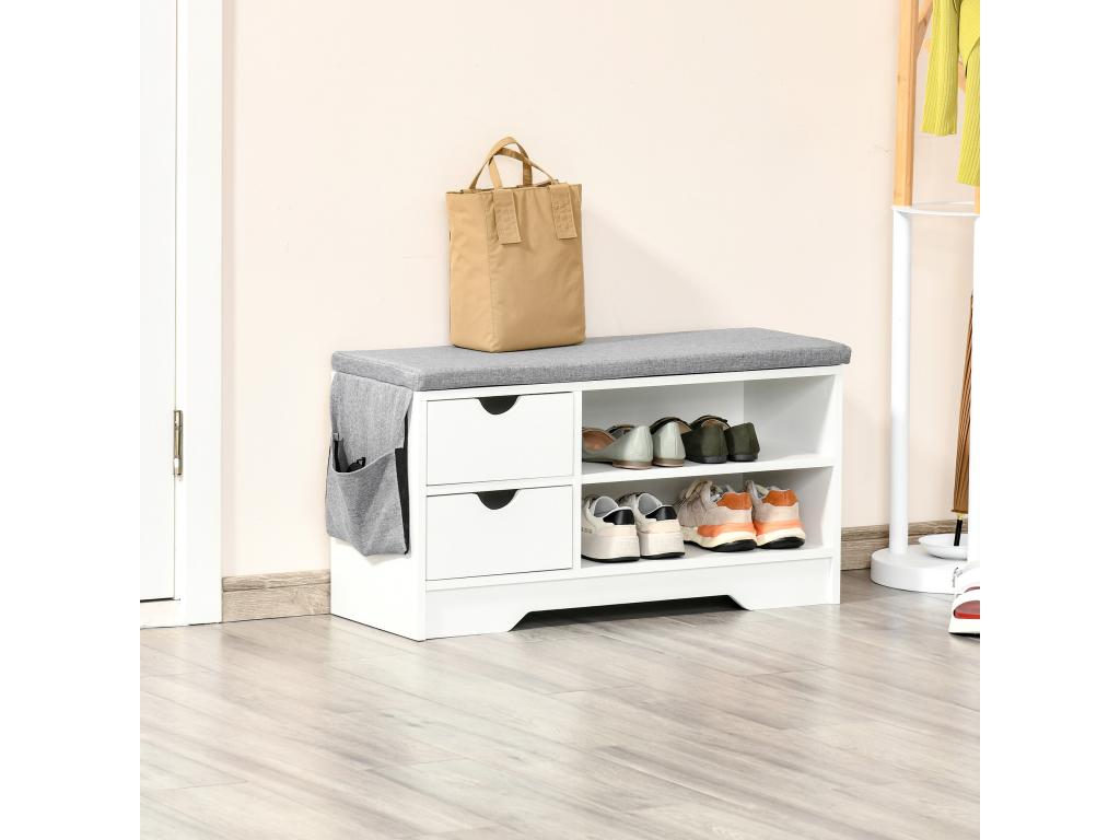 Shoe cabinet and shoe bench with grey cushion, 2 shelves and 2 drawers, MDF, 80.5x30.5x43.5 cm, grey and white