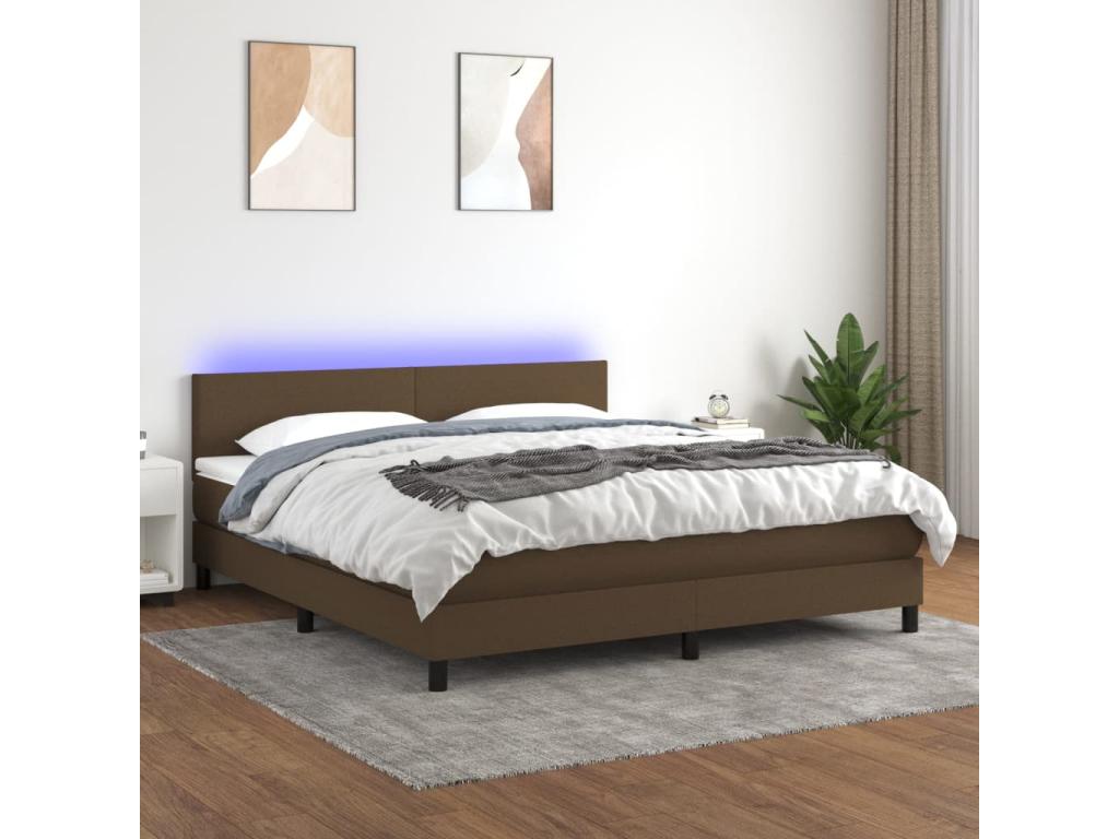 Upholstered bed base with mattress and LED lighting, dark brown, 180x200cm, fabric