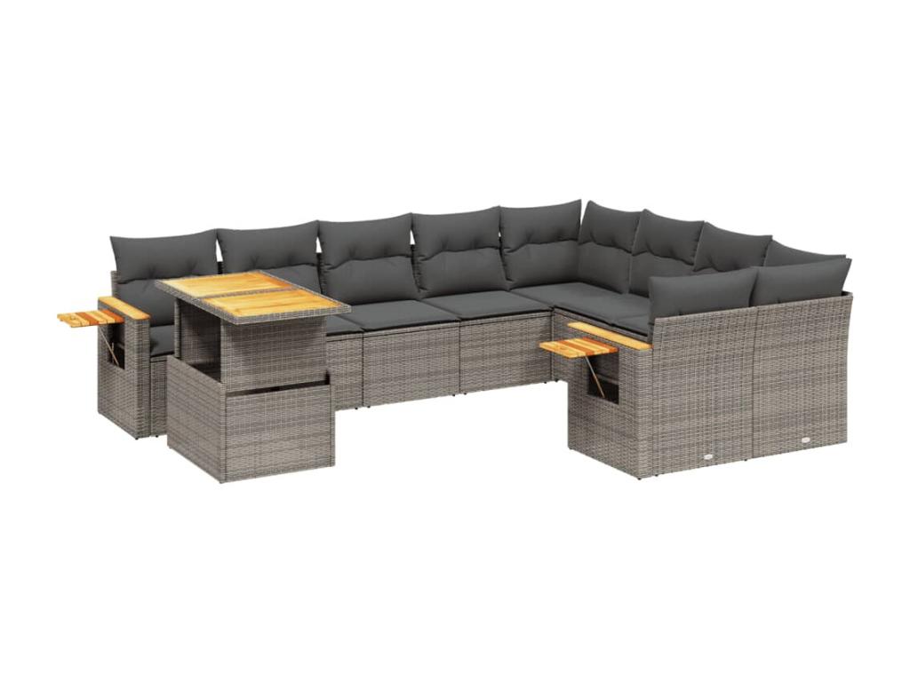 Garden furniture set with 10 cushions, grey woven resin