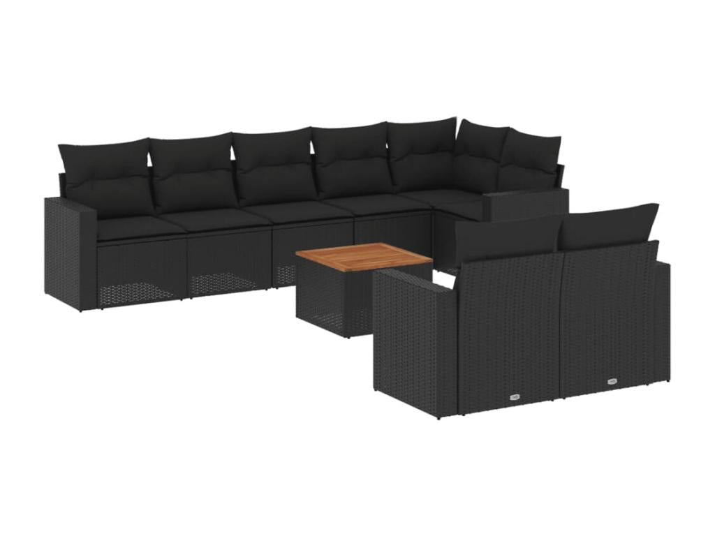 9-piece garden furniture set with cushions, black wicker resin QIWH88457