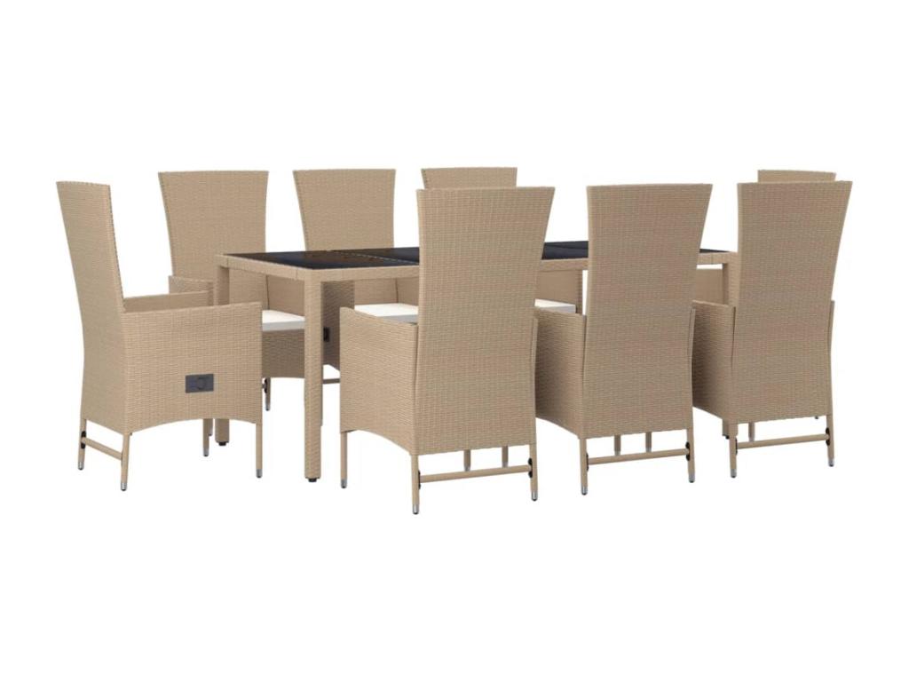 9-piece beige poly rattan garden dining set and cushions