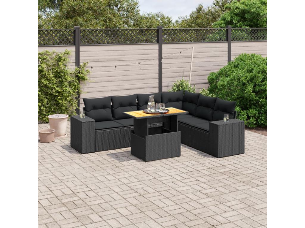 7-piece garden furniture set with cushions, black woven resin PRRC68691