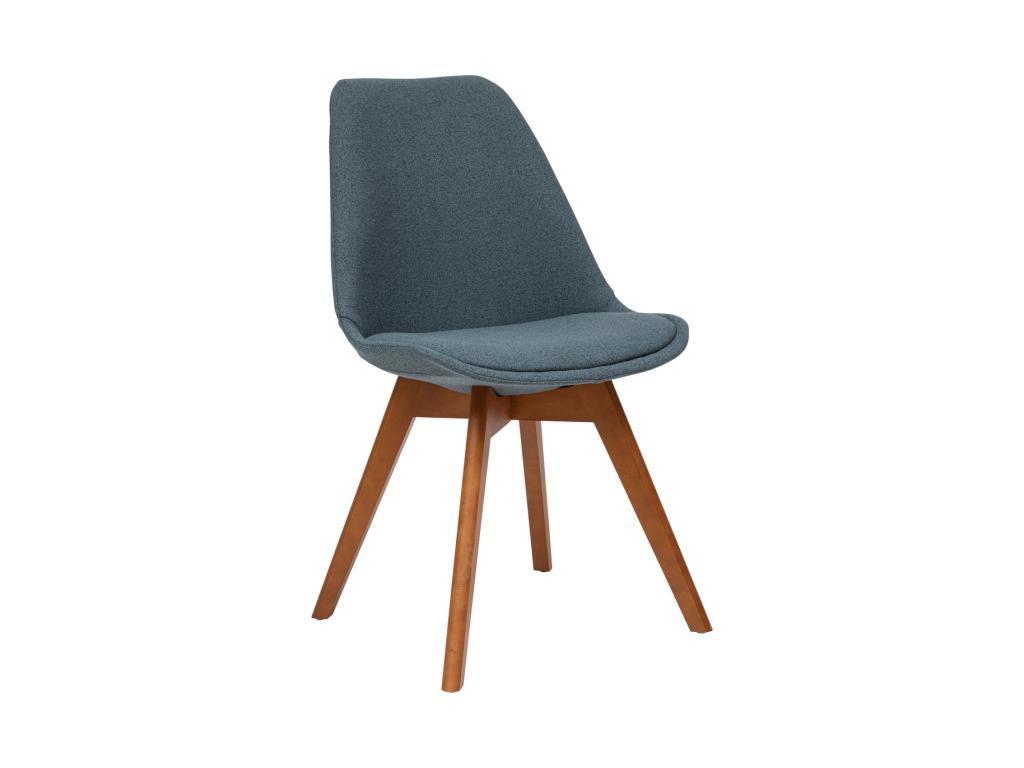 Blue mottled fabric dining chair with dark wood legs