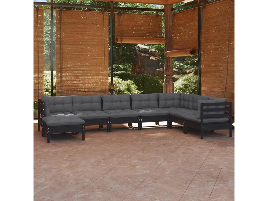 8-piece garden furniture set with cushions, black, solid pine wood ORWG87753