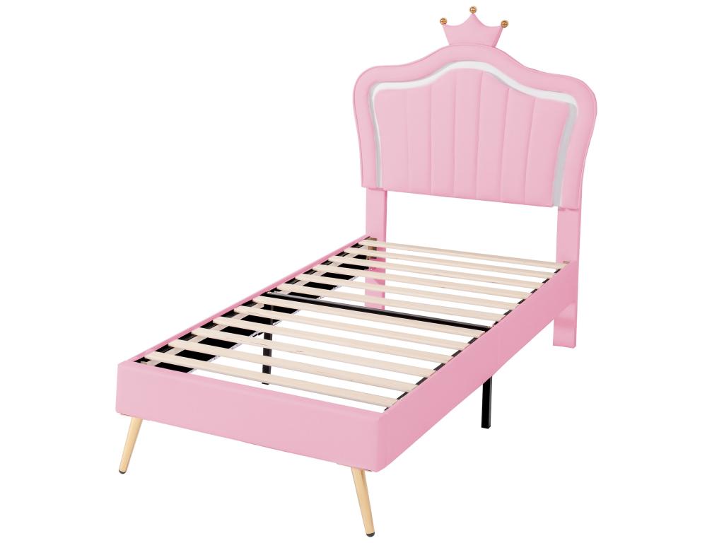 Children's bed in faux leather with LED lighting - crown-shaped headboard - 90x200cm - pink