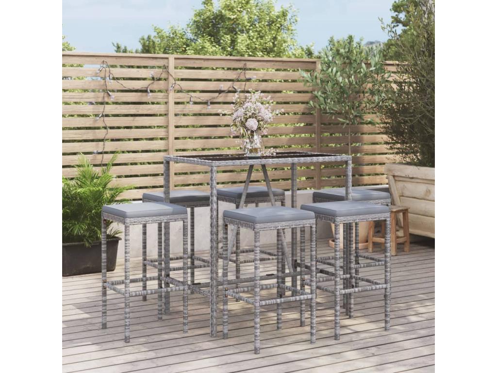 7-piece garden bar set with grey poly rattan cushions HJHE40492