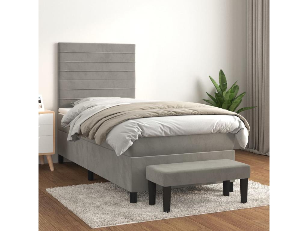 Upholstered bed base and mattress, light grey, 90x200 cm, velvet