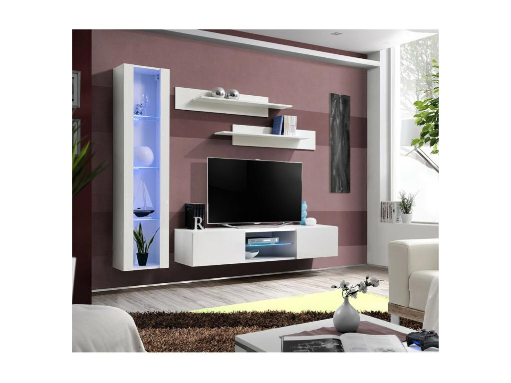 FLY R2 TV unit with LED - White color - Designer wall-mounted unit for your living room.