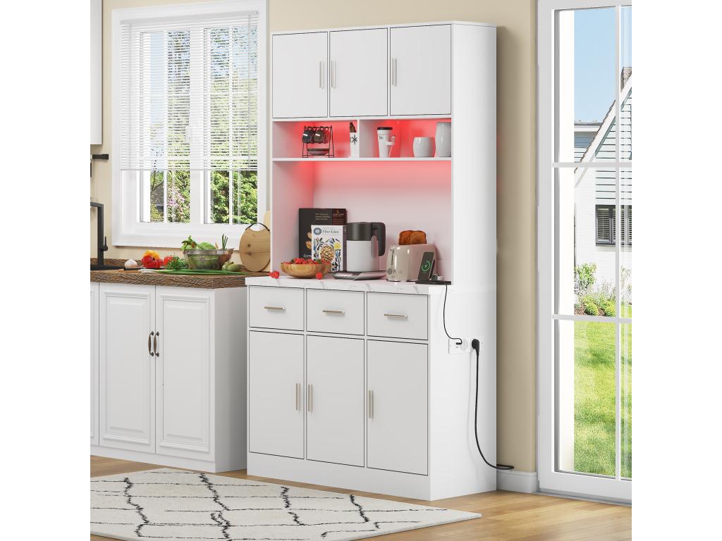 High sideboard with 6 doors and 3 drawers - 100x40x180 cm - LEDs and charging port - MDF wood - Adjustable shelves - White