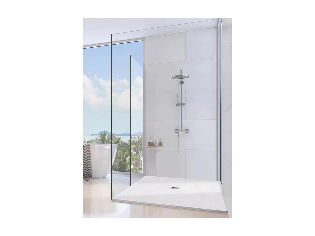 Meubiana Slim White 65x170 cm Shower Tray in Synthetic Resin and Marble Powder with Free Drain