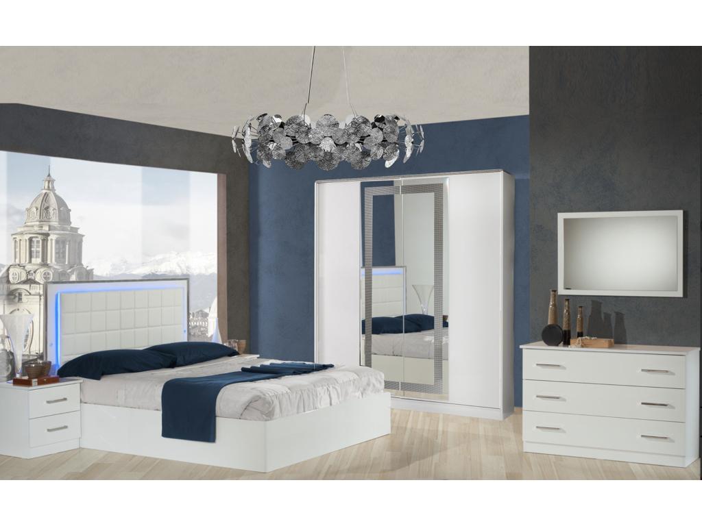 Designer bed with storage in white lacquer and white faux leather with LED lighting, Meubiana-160x200