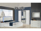 Designer bed with storage in white lacquer and white faux leather with LED lighting, Meubiana-160x200