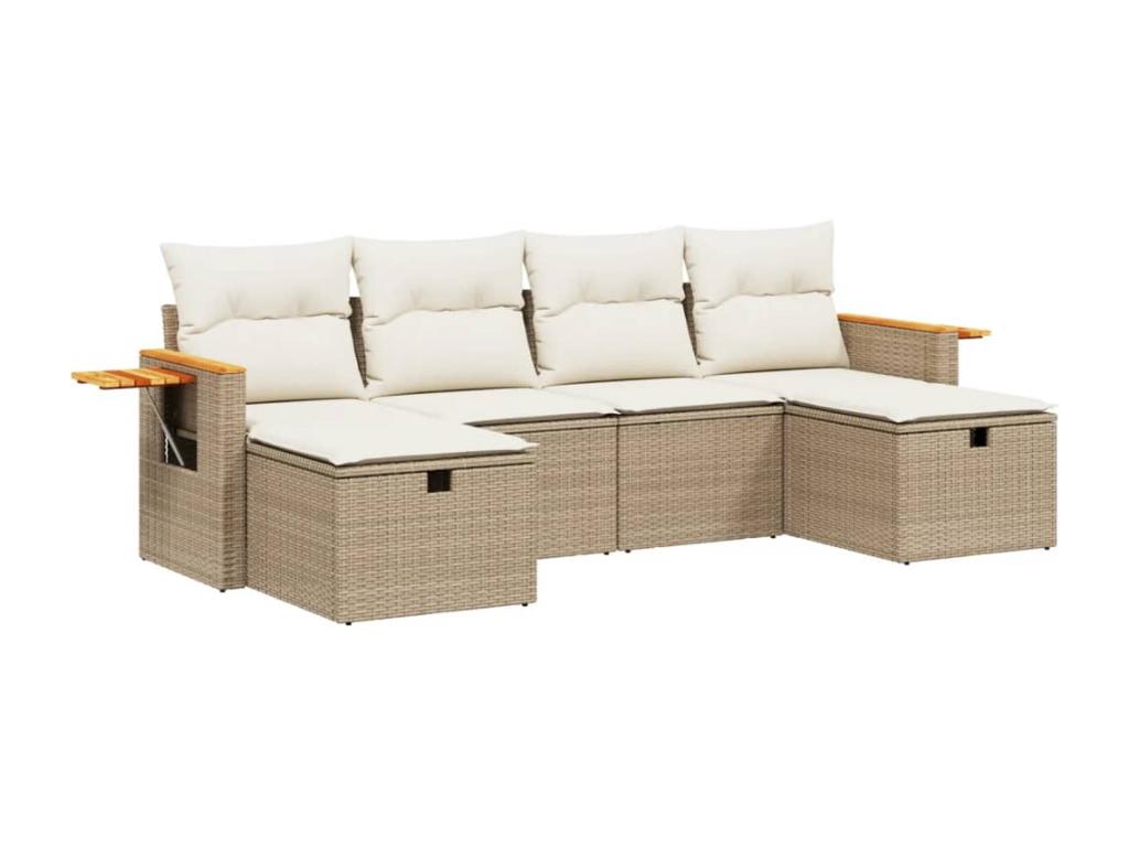 6-piece garden furniture set with cushions, beige woven resin
