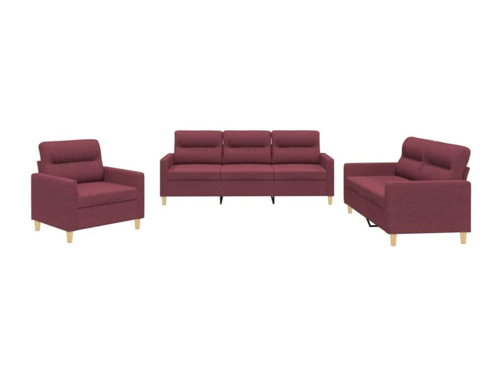 3-piece sofa set with cushions, burgundy red fabric