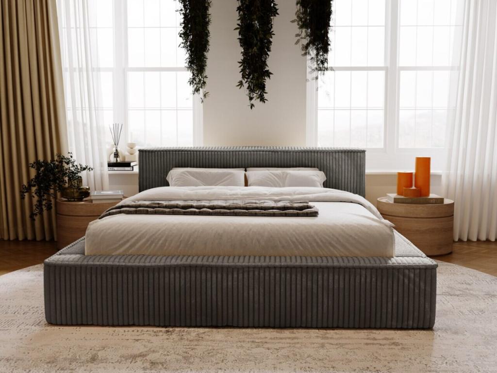 Upholstered bed with storage - 140x200 - double bed - ribbed - grey - Meubiana