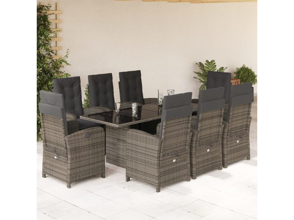 9-piece garden dining set with grey resin wicker cushions