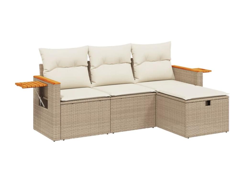 Garden furniture set with cushions, 4 pieces, beige woven resin