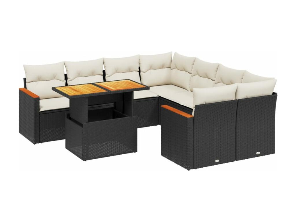 9-piece garden furniture set with cushions, black woven resin